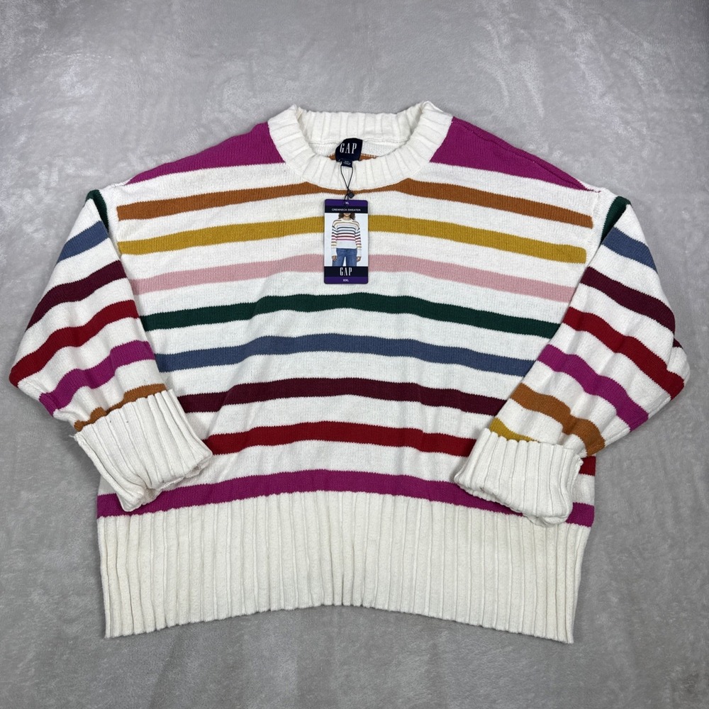 Gap Women Multi Color Striped Crewneck Sweater Cream Rainbow GP010669 Size XXL